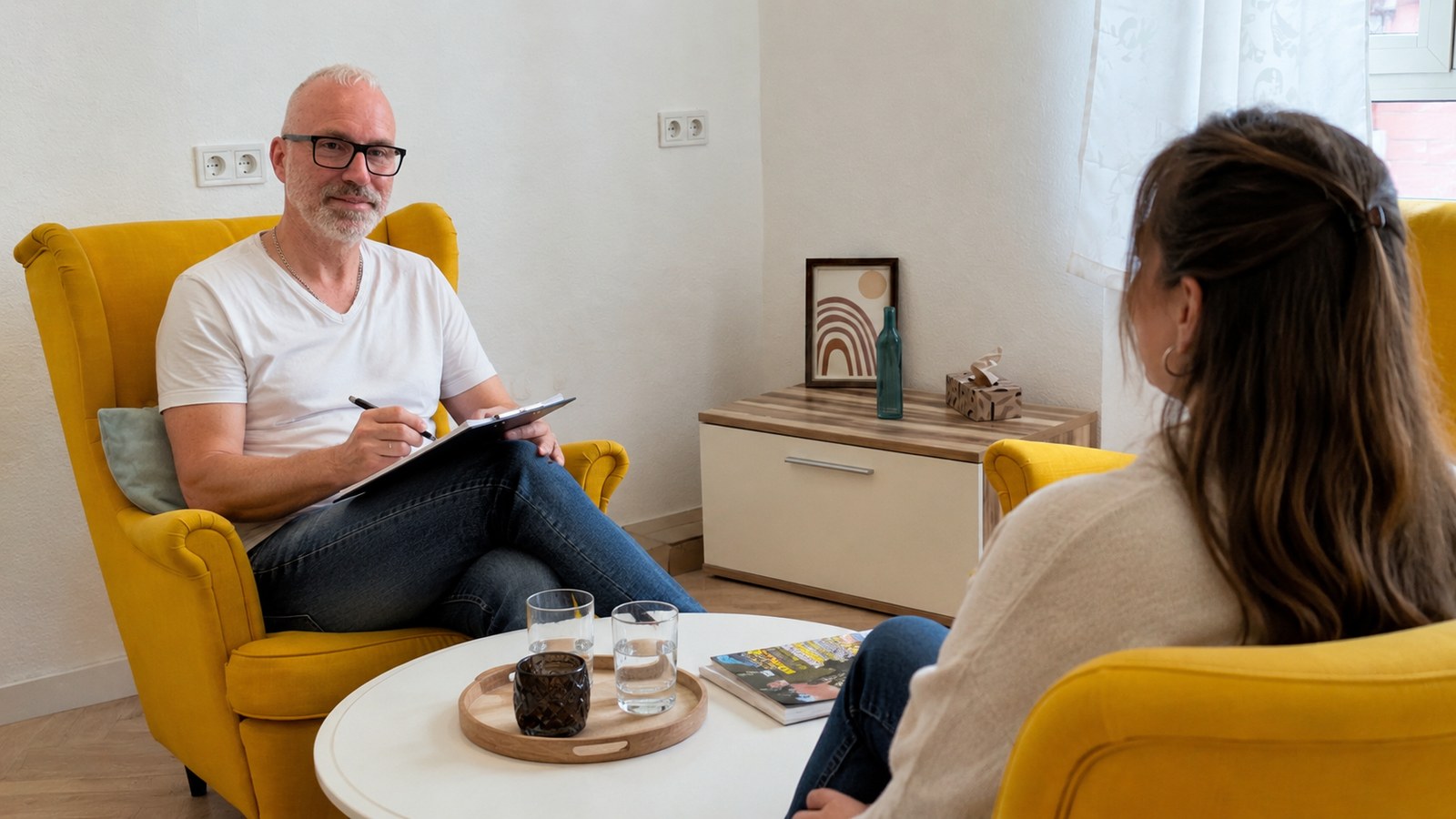Beratung im Praxisraum der DHI Hypnosepraxis Aschaffenburg mit gelben Sesseln
